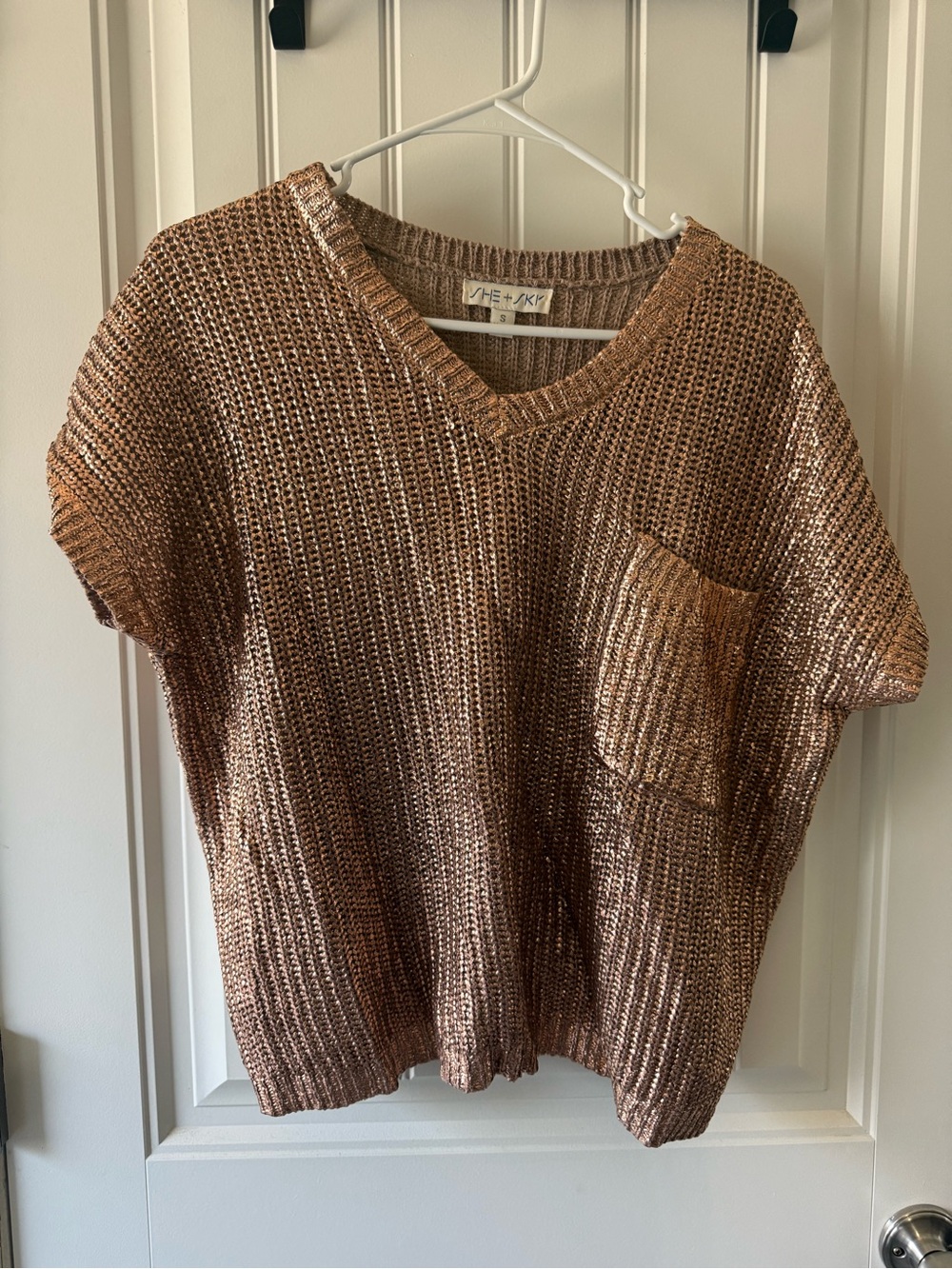 She + Sky Metallic Bronze V-Neck Pocket Sweater - NEVER WORN